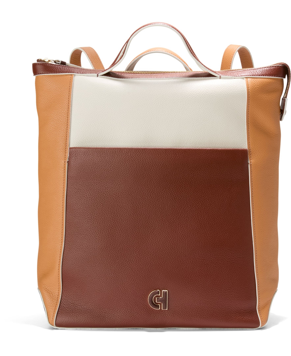 Cole Haan Grand Ambition Large Convertible Backpack Bag In Dark Cuoio Ivory Color Block