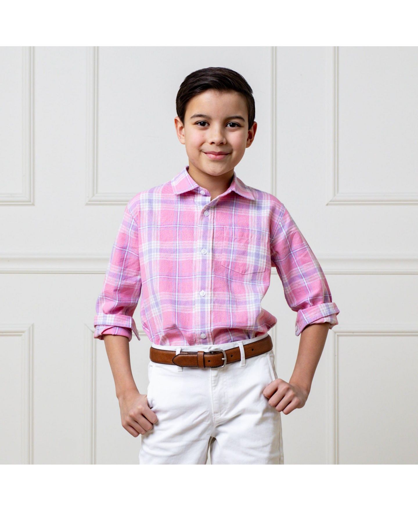 Рубашка Hope & Henry Linen Long Sleeve Button Down Shirt для мальчиков, цвет: Чайный розовый клетчатый — фото 2