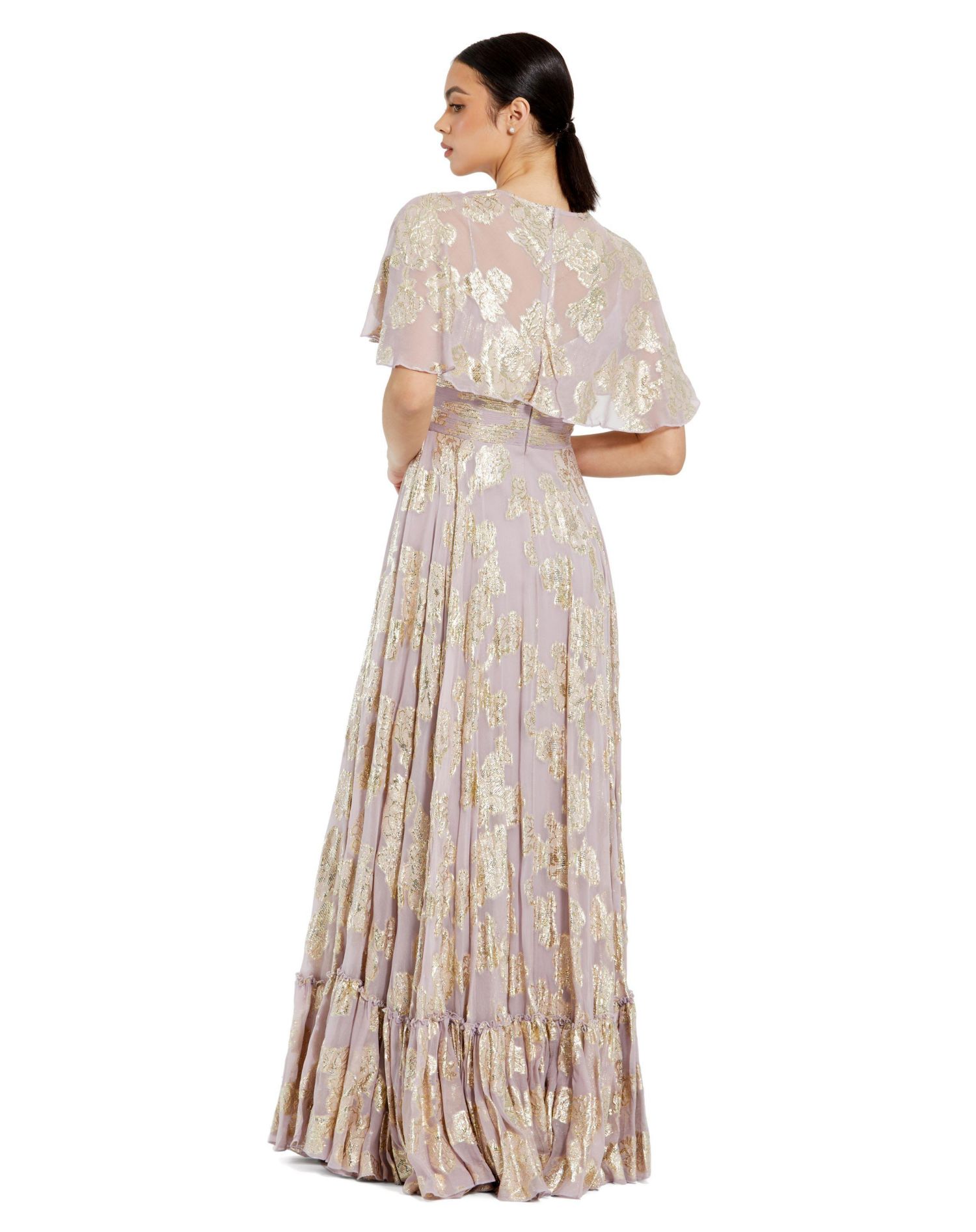 Women's Floral Print High Neck Cape Sleeve A Line Gown
