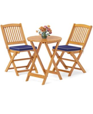 3 PCS Acacia Wood Patio Bistro Set Folding Table & Chairs Set with Cushions