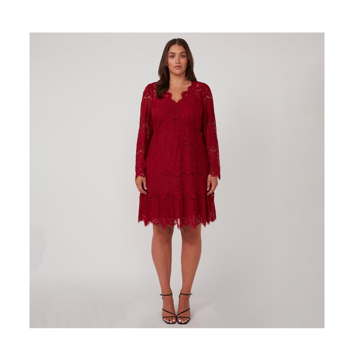 Plus Size Mini Lace Frill Long Sleeve Dress - Zircon