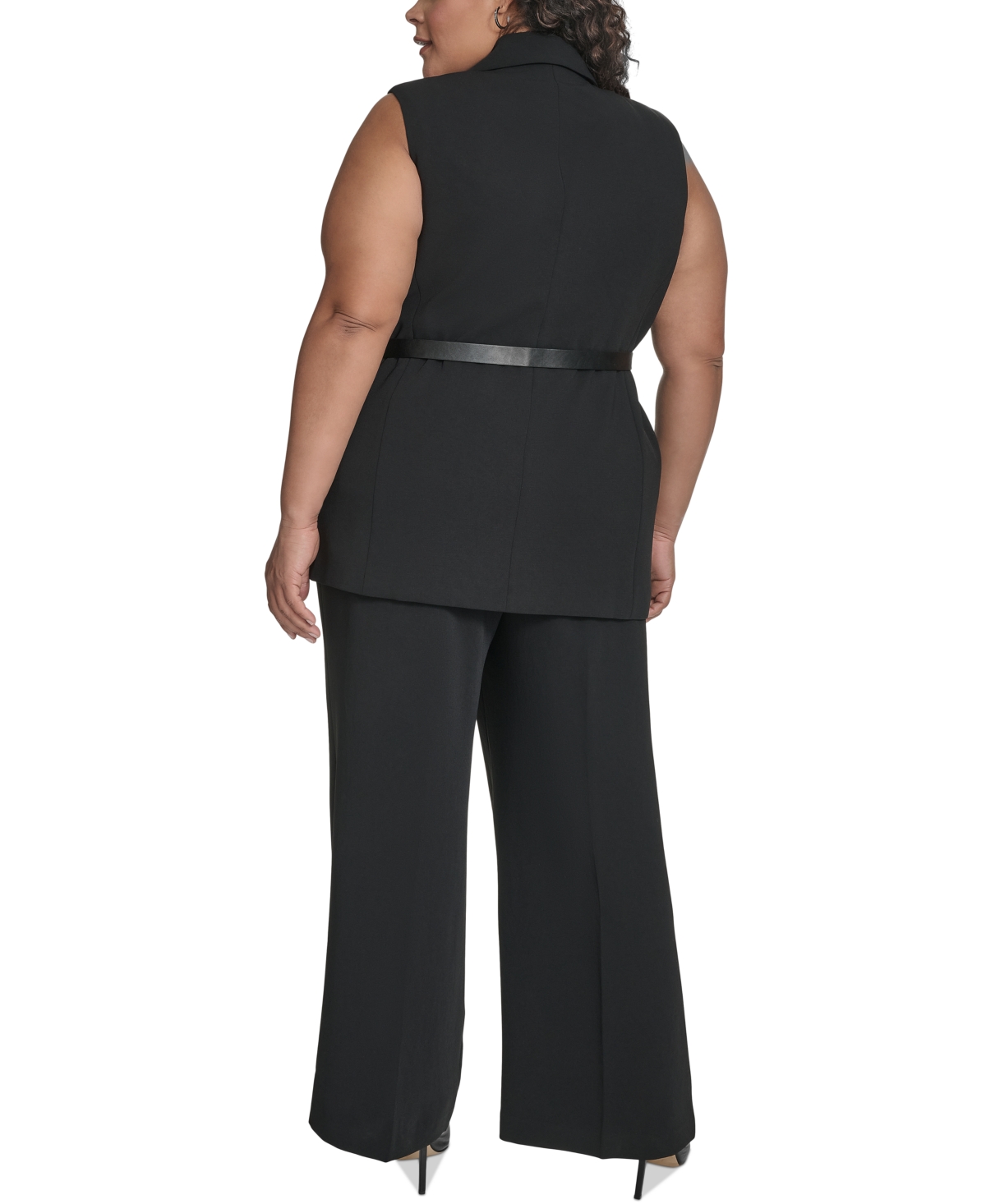 Dkny Plus Size Belted Notched-collar Crepe Vest In Black