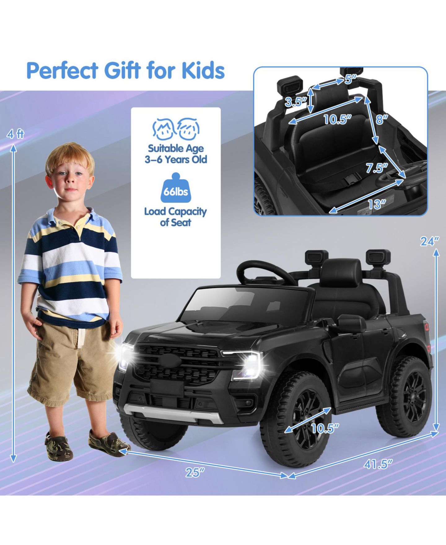 Детская игрушка Slickblue Ford Ranger 12V Electric Ride-On Car with Remote Control, 66 lb. Capacity, 3–6 лет, цвет: Чёрный — фото 4