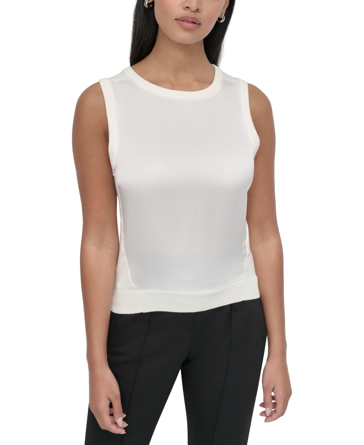 Petite Sleeveless Crewneck Mixed-Media Sweater - Ivory