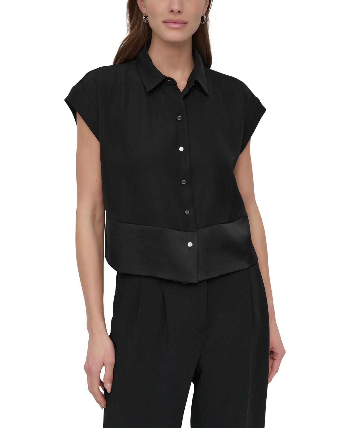 Dkny Petite Reverse-satin-trim Cap-sleeve Blouse