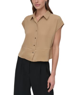 DKNY - Petite Reverse-Satin-Trim Cap-Sleeve Blouse