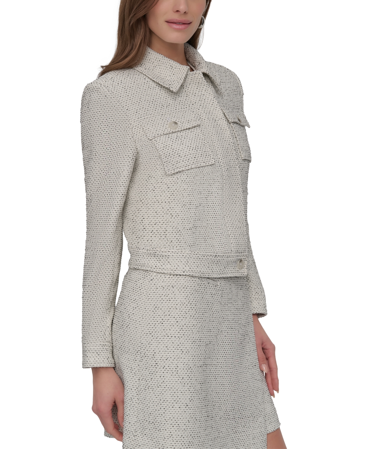 Shop Dkny Petite Cropped Long-sleeve Tweed Trucker Jacket In Ivory,black