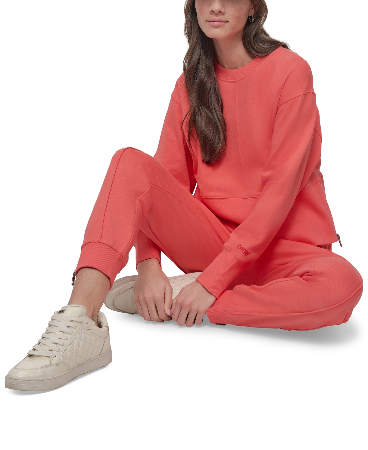 Dkny Sport Women's Cropped Crewneck Side-zip Sweatshirt In Coral Crush