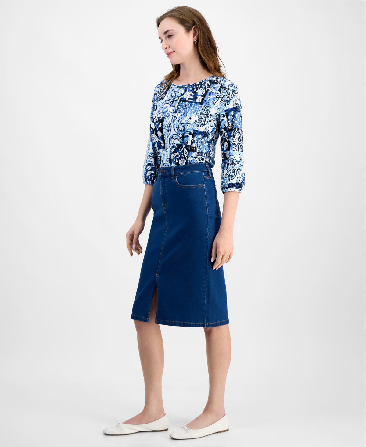 Jones New York Womens Printed 3 4 Sleeve Top Denim Pencil Skirt In Shore Wash