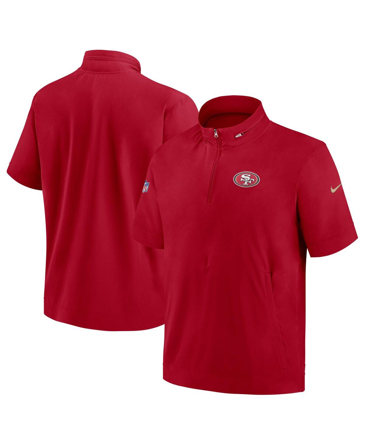 Nike Men's Scarlet San Francisco 49ers Sideline Coach Short Sleeve Hoodie Quarter-Zip Jacket - Scarlet