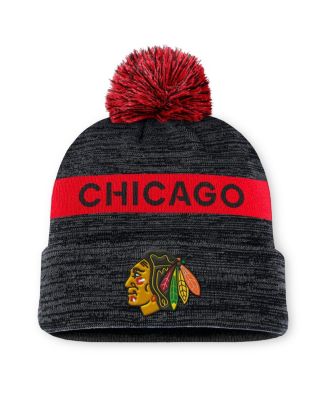Fanatics - Men's Black/Red Chicago Blackhawks Authentic Pro Rink Cuffed Knit Hat with Pom