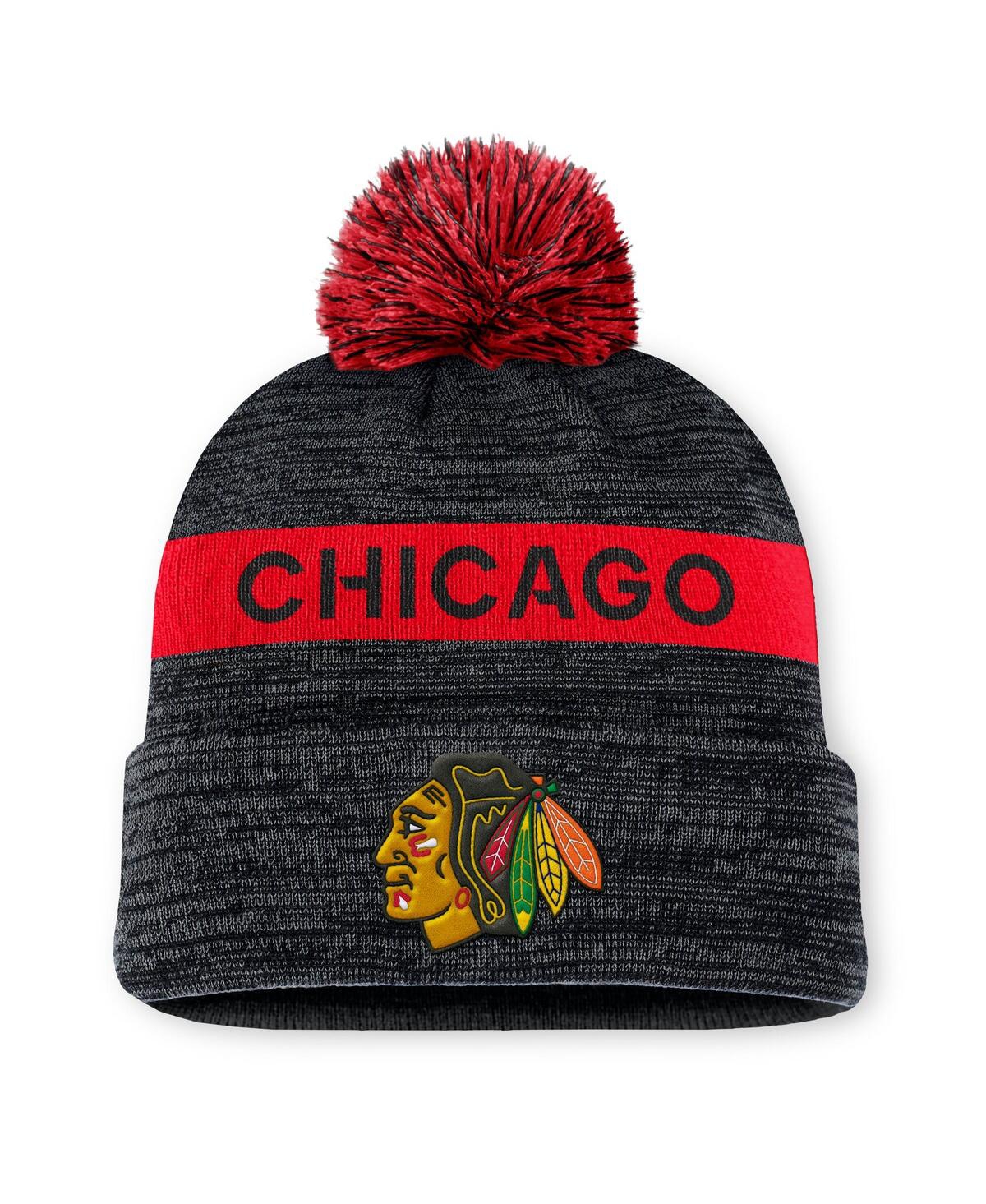 Fanatics Men's Black/red Chicago Blackhawks Authentic Pro Rink Cuffed With Pom Knit Hat In Black,red