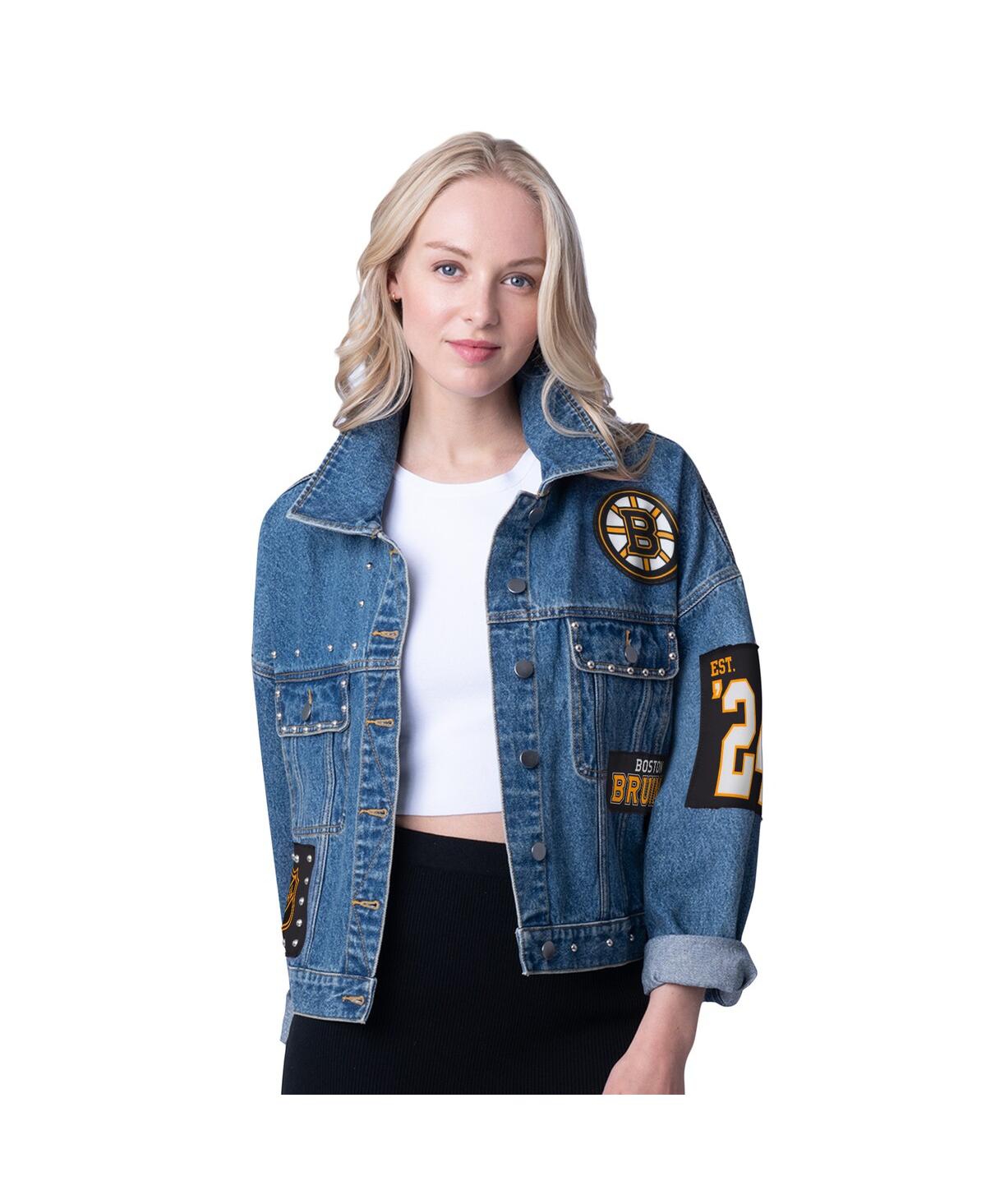 Women's Boston Bruins Game Ball Cropped Button-Up Denim Jacket - Denim