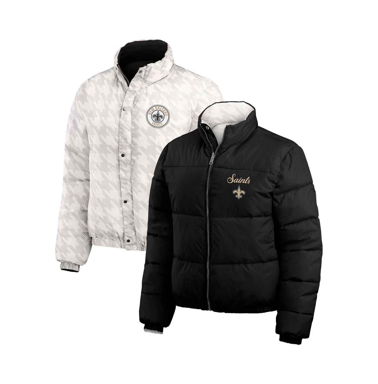 Женская куртка WEAR by Erin Andrews Black/White New Orleans Saints Reversible Cropped Full-Zip Puffer — фото 1