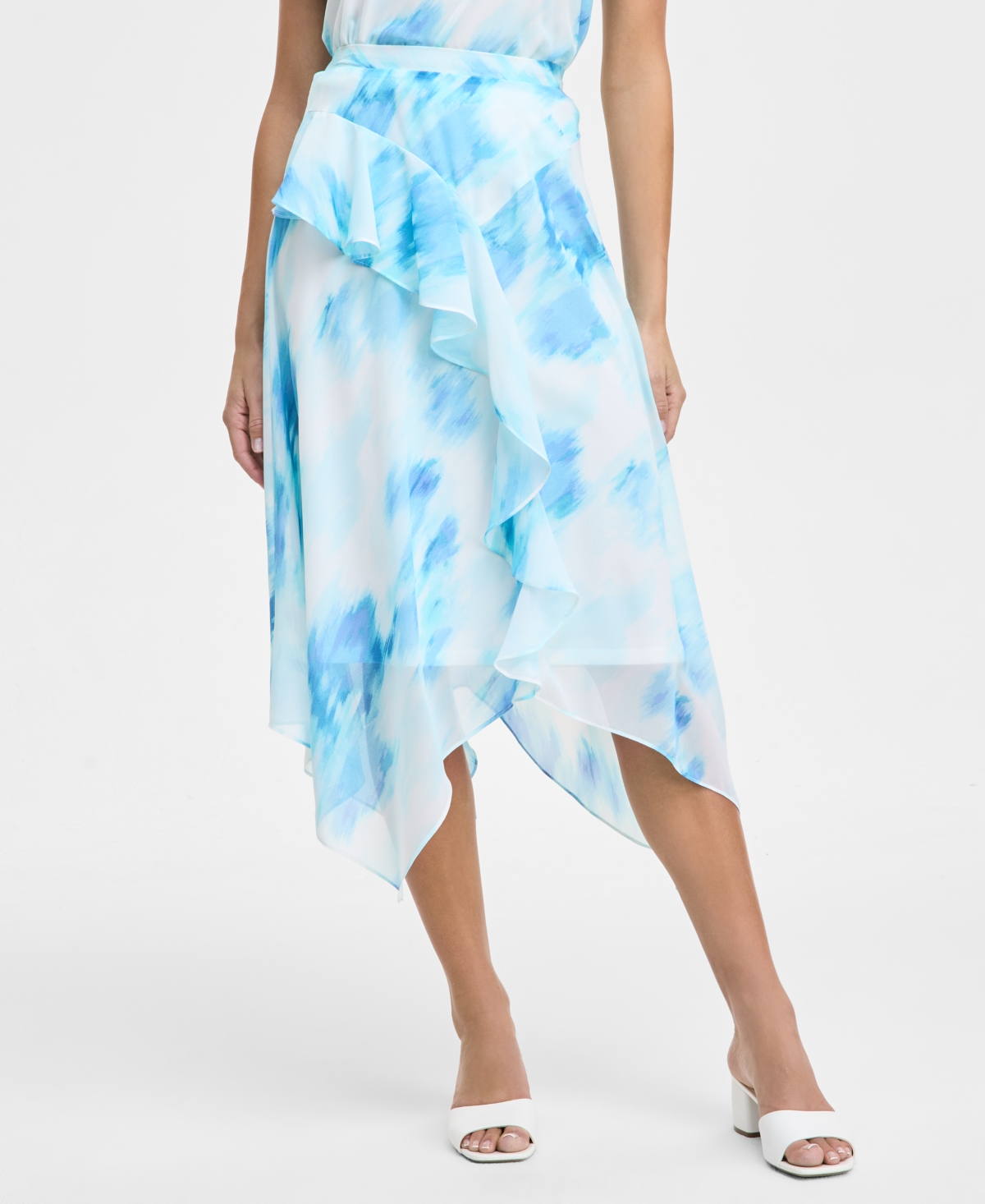 Jones New York Womens Printed Flutter Sleeve Top Ruffled Skirt In Nyc White Multi