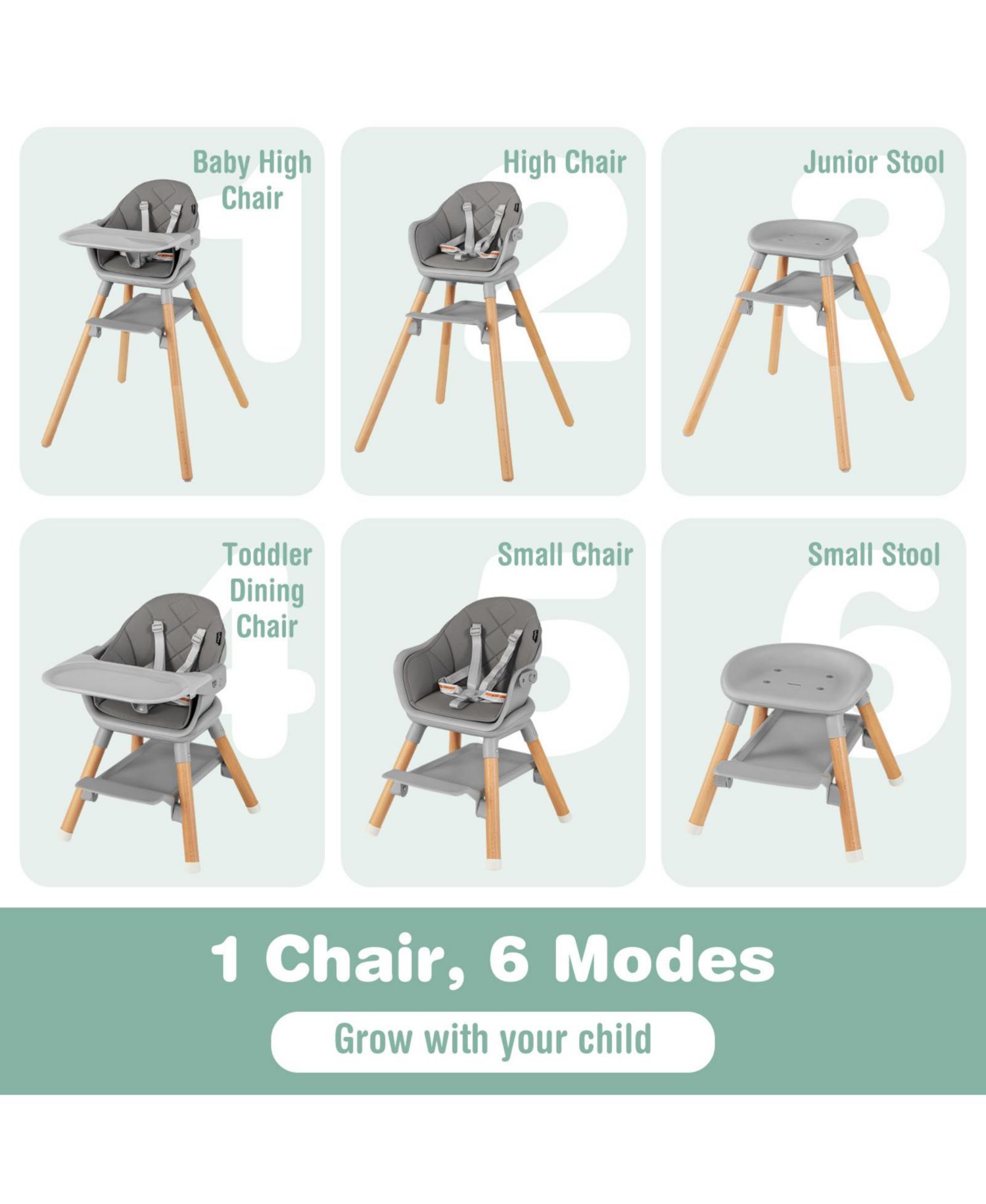 6-in-1 Convertible High Chair with Harness and Removable Tray