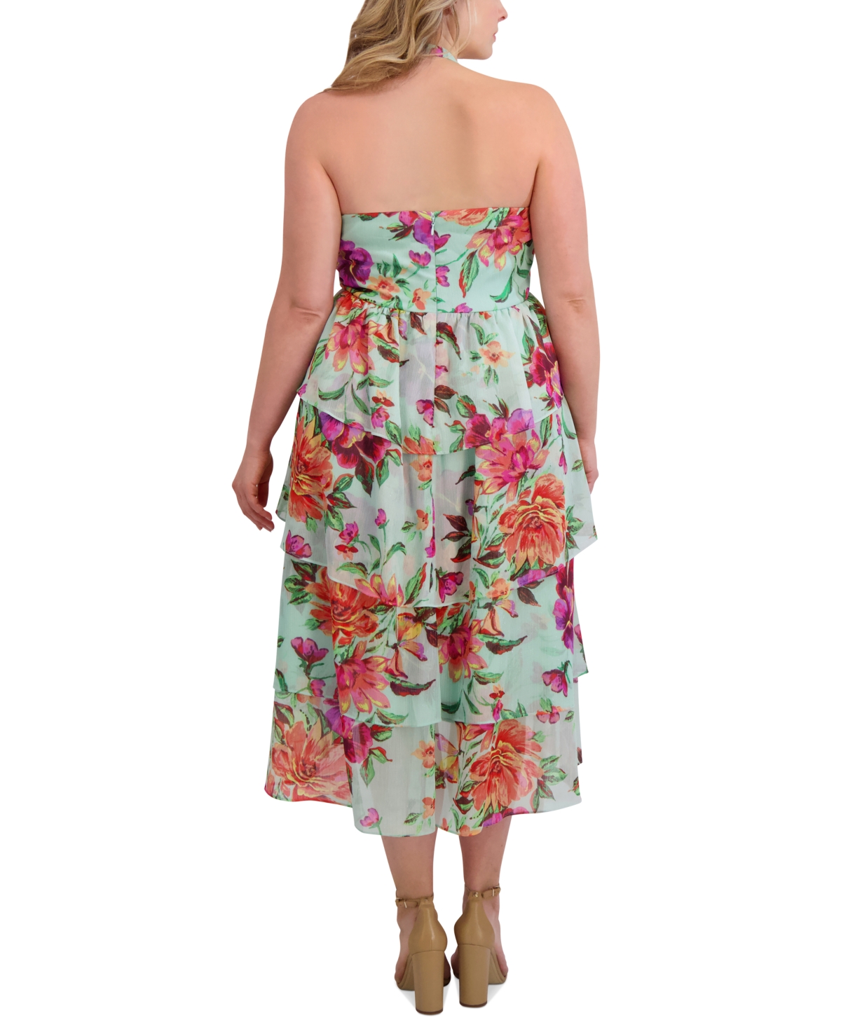 Siena Plus Size Tiered Floral-print Chiffon Dress In Mint Multi