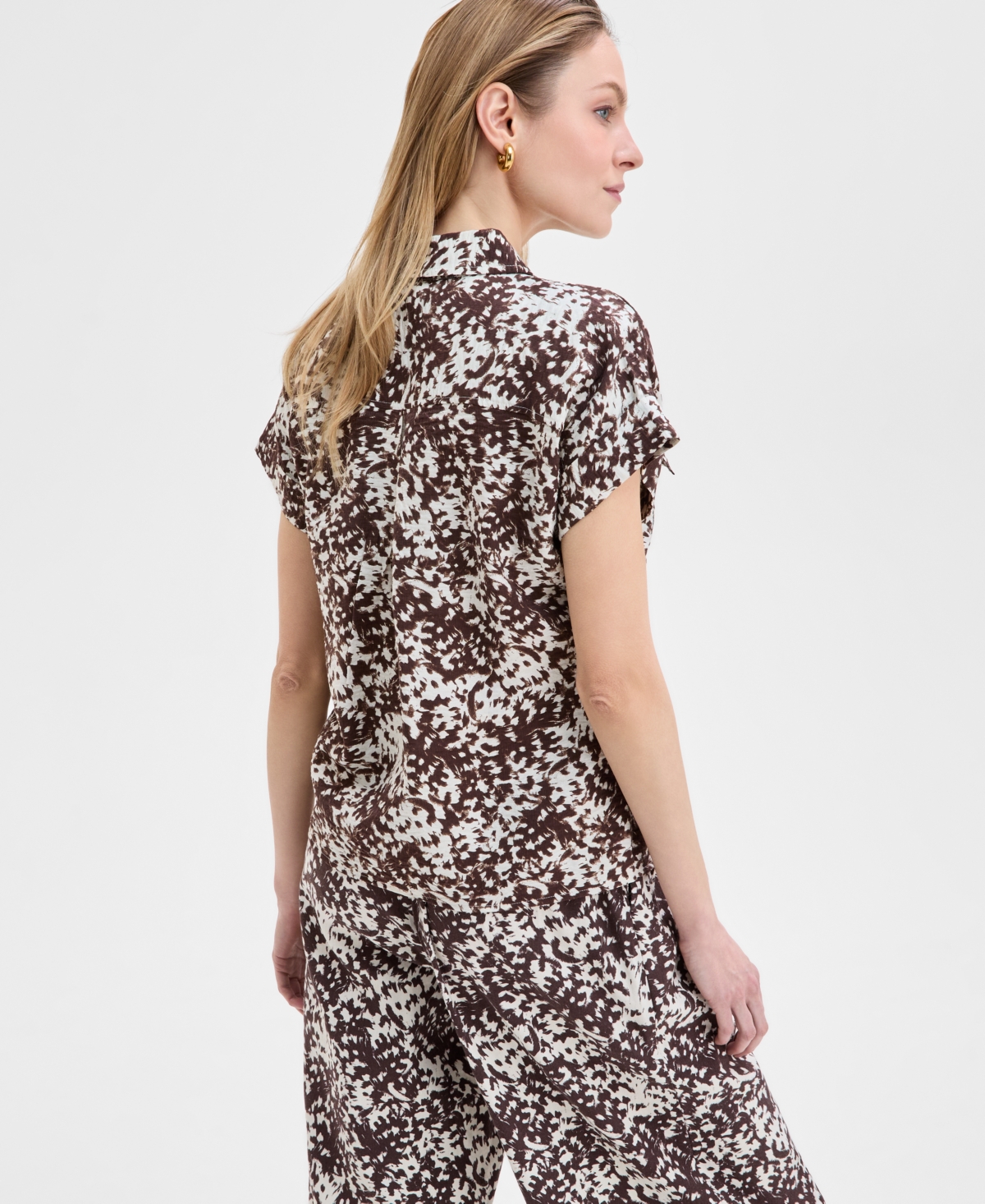 Inc International Concepts Women's Short-sleeve Printed Pocket Blouse, Exclusively At Macy's In Petra Texture