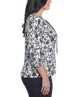 Plus Size Floral Print Lace Up 3/4 Sleeve Top