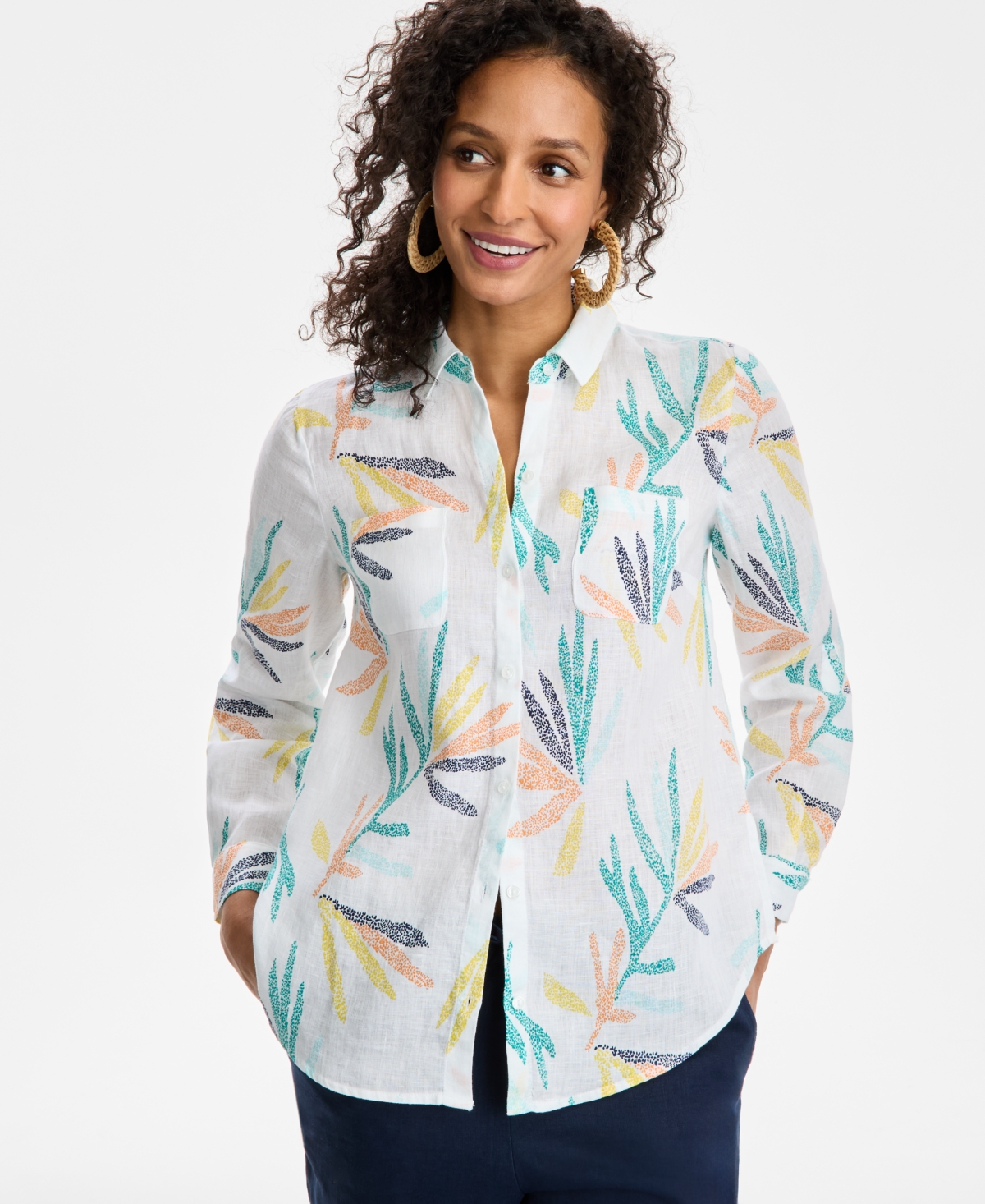 CHARTER CLUB WOMEN'S PALM-PRINT 100% LINEN SHIRT, EXCLUSIVELY AT MACY'S 