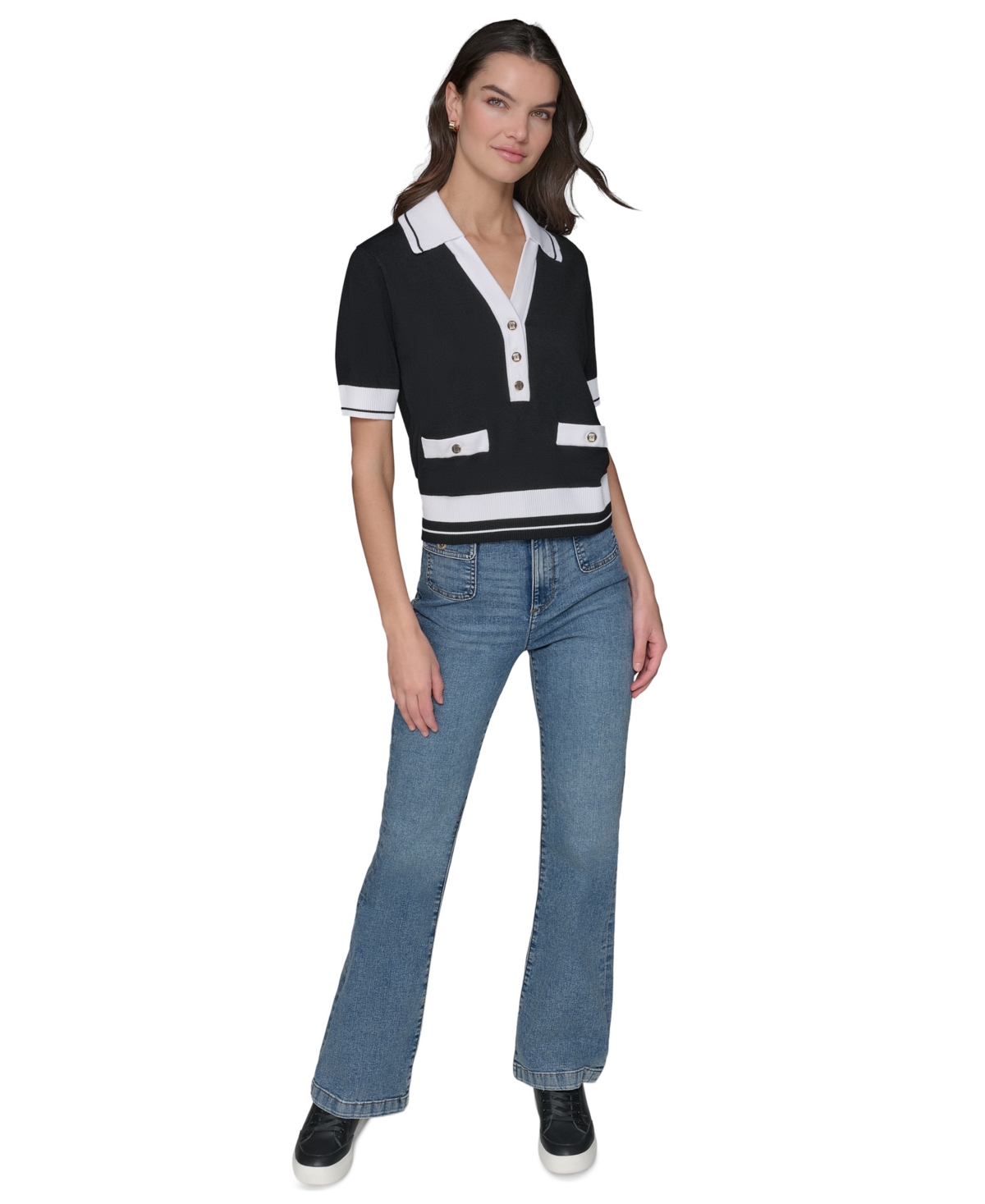Karl Lagerfeld Petite Short-sleeve Tipped Polo Sweater In Black