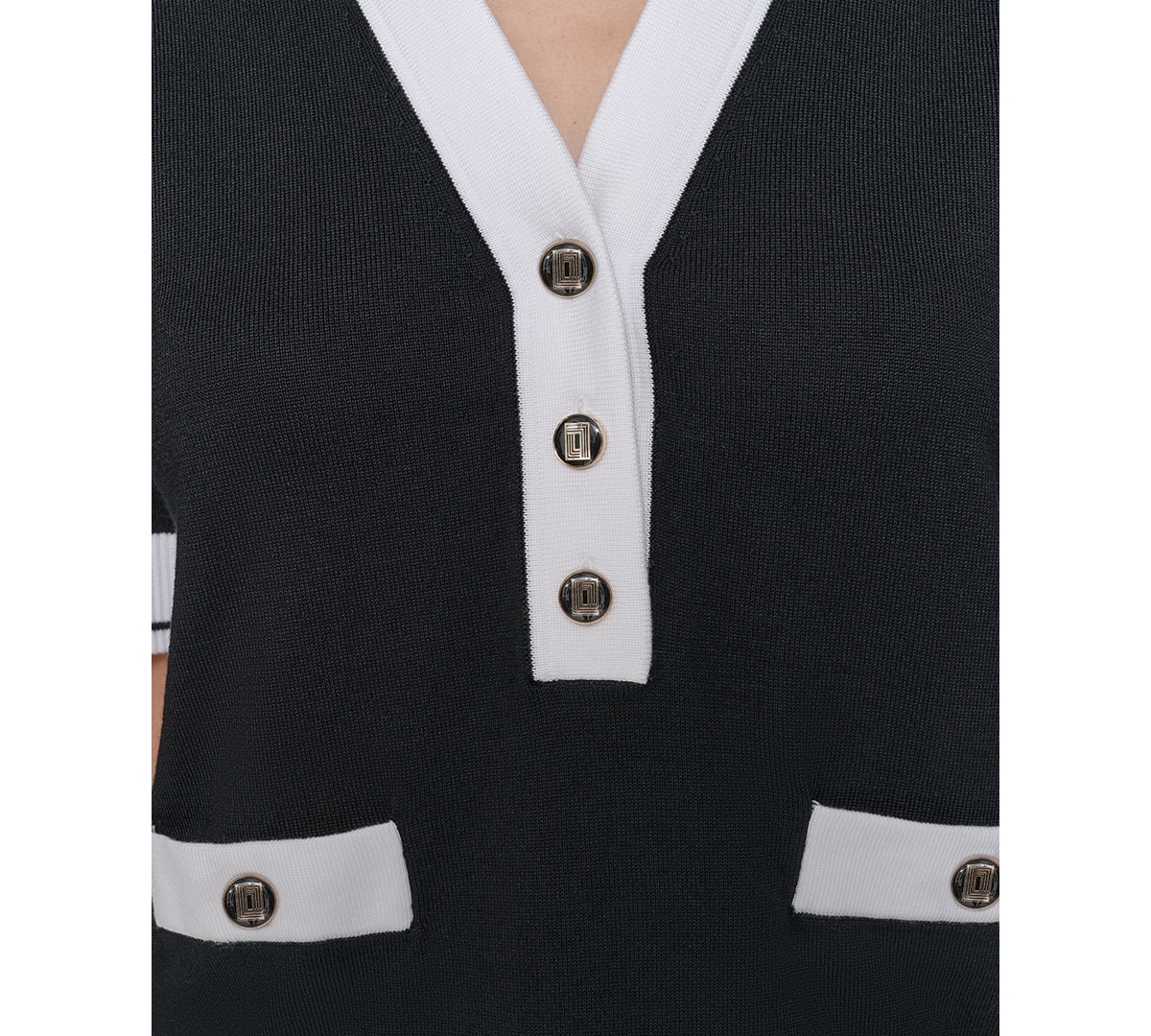 Karl Lagerfeld Petite Short-sleeve Tipped Polo Sweater In Black
