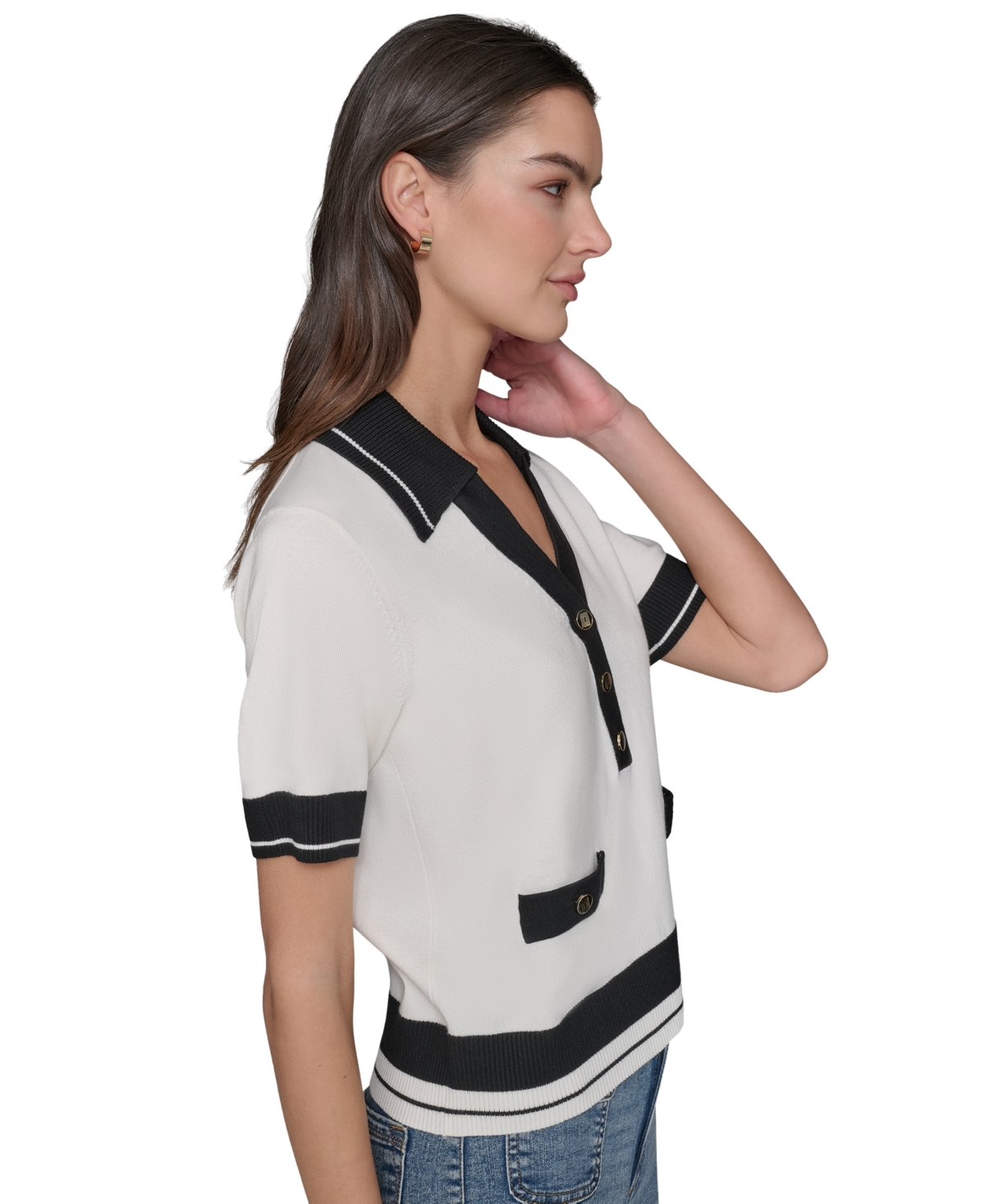 Shop Karl Lagerfeld Women's Short-sleeve Collared Sweater In Soft White