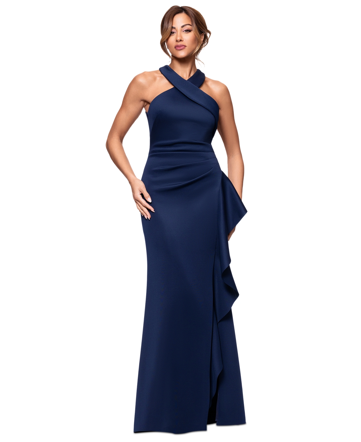 Xscape Petite Ruffled Halter Gown In Midnight