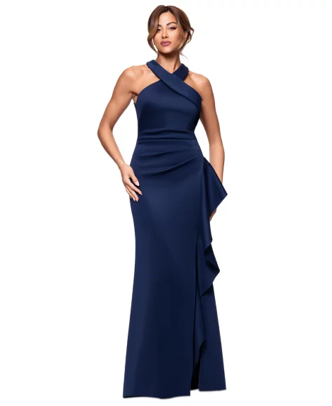 Petite Ruffled Halter Gown - Midnight