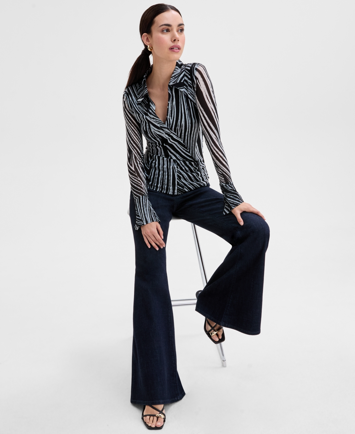 Inc International Concepts Women's Printed Johnny-collar Top, Exclusively At Macy's In Piastripe-