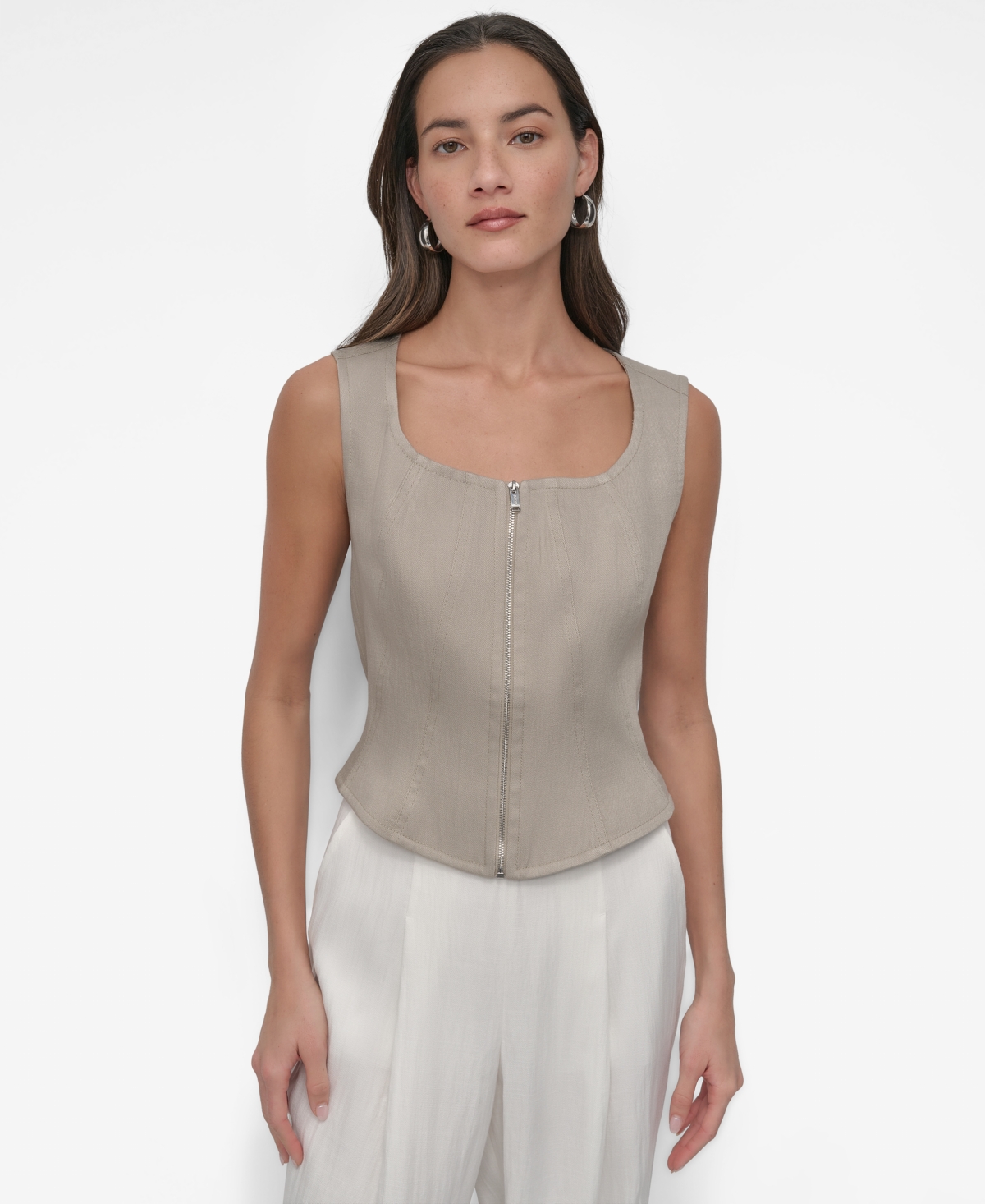 Shop Dkny Women's Front-zip Scoop-neck Seamed-corset Top In Vintage Khaki