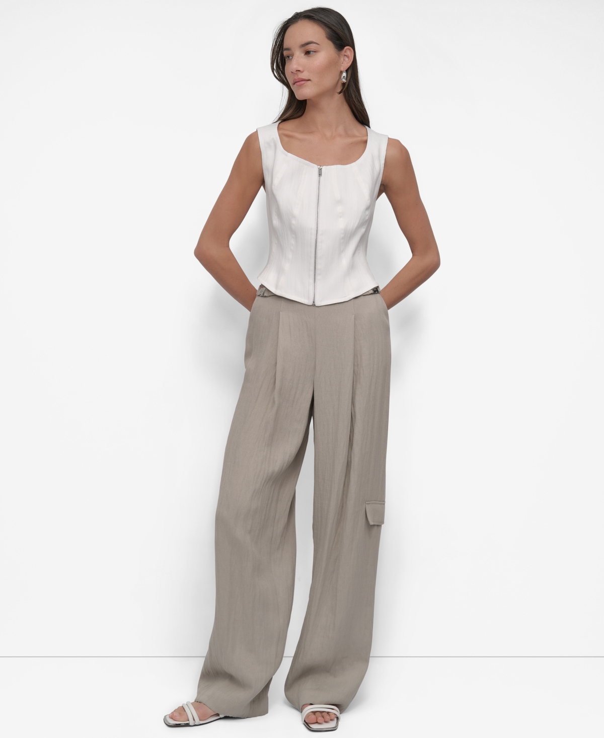 Shop Dkny Women's Front-zip Scoop-neck Seamed-corset Top In Ivory