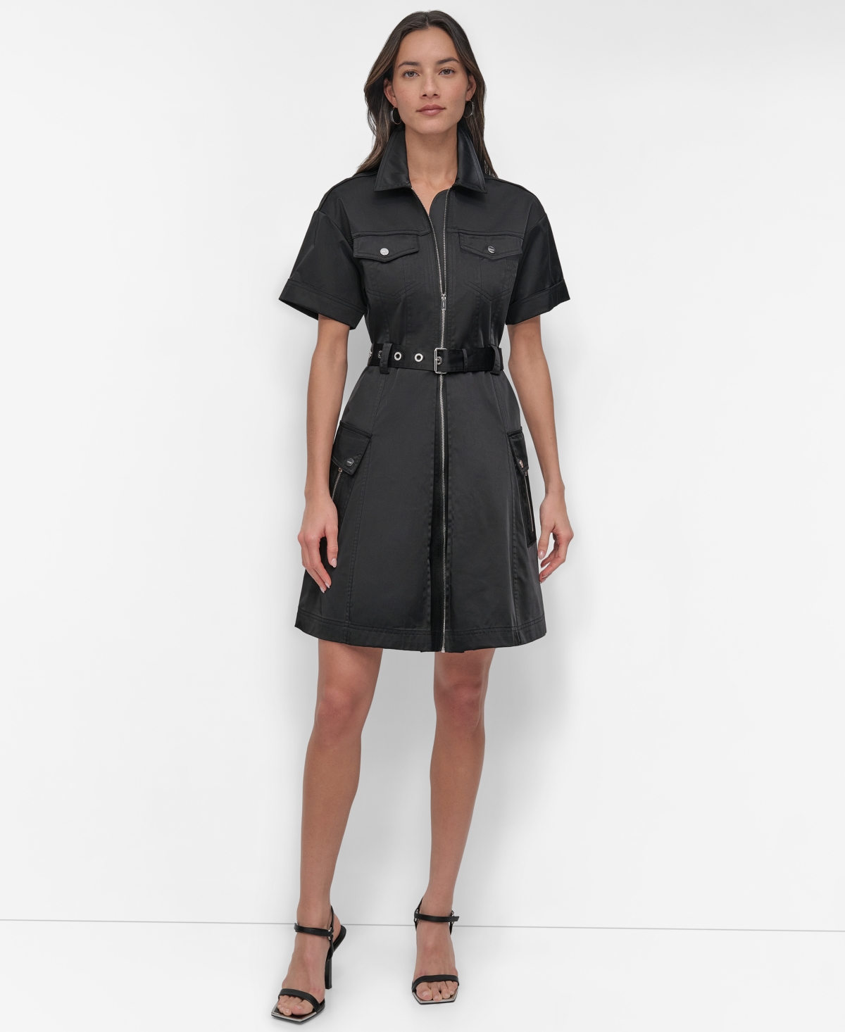 DKNY WOMEN'S ZIP-FRONT BELTED SHORT-SLEEVE DRESS 