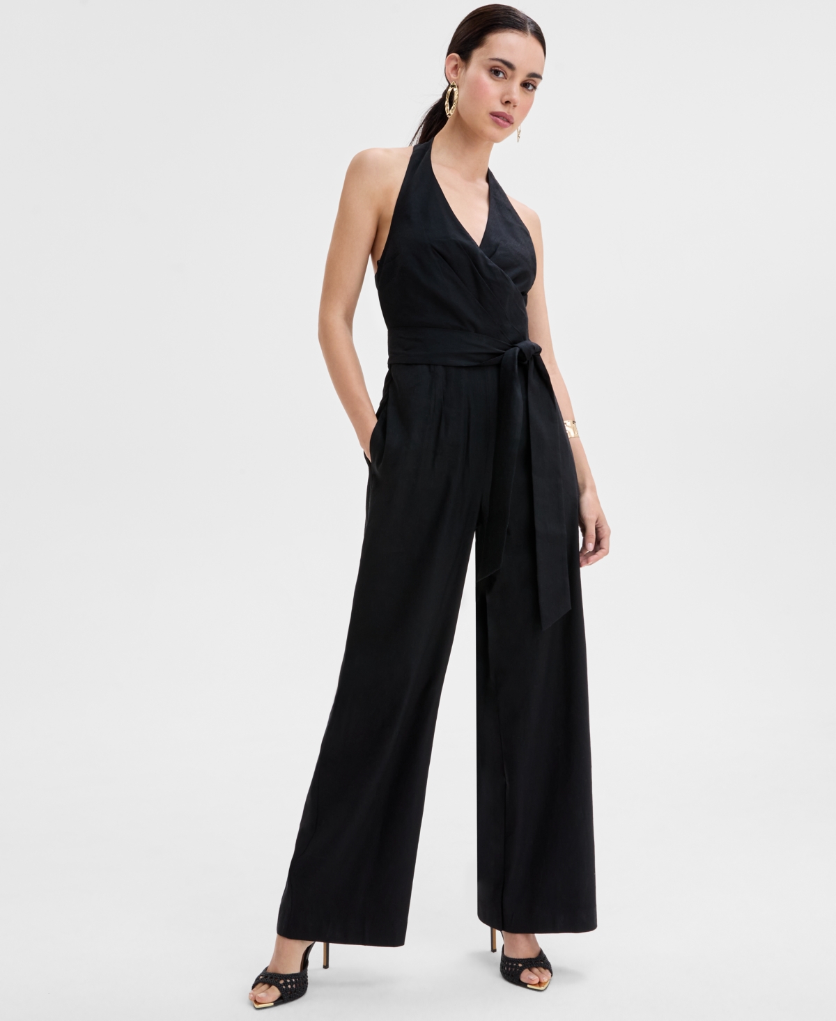 Women's Surplice Sleeveless Jumpsuit, Exclusively at Macy's - Deep Black