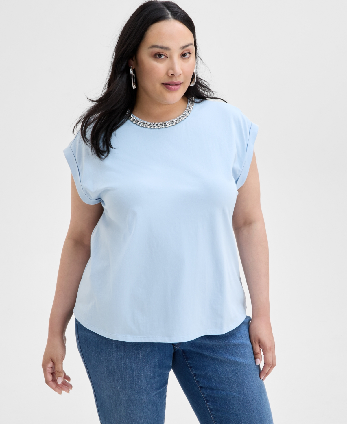 Inc International Concepts Plus Size Embellished-neck Cotton T-shirt, Exclusively At Macy's In Frozen Blue