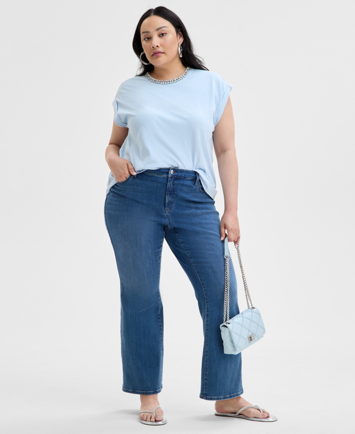 Inc International Concepts Plus Size Embellished-neck Cotton T-shirt, Exclusively At Macy's In Frozen Blue
