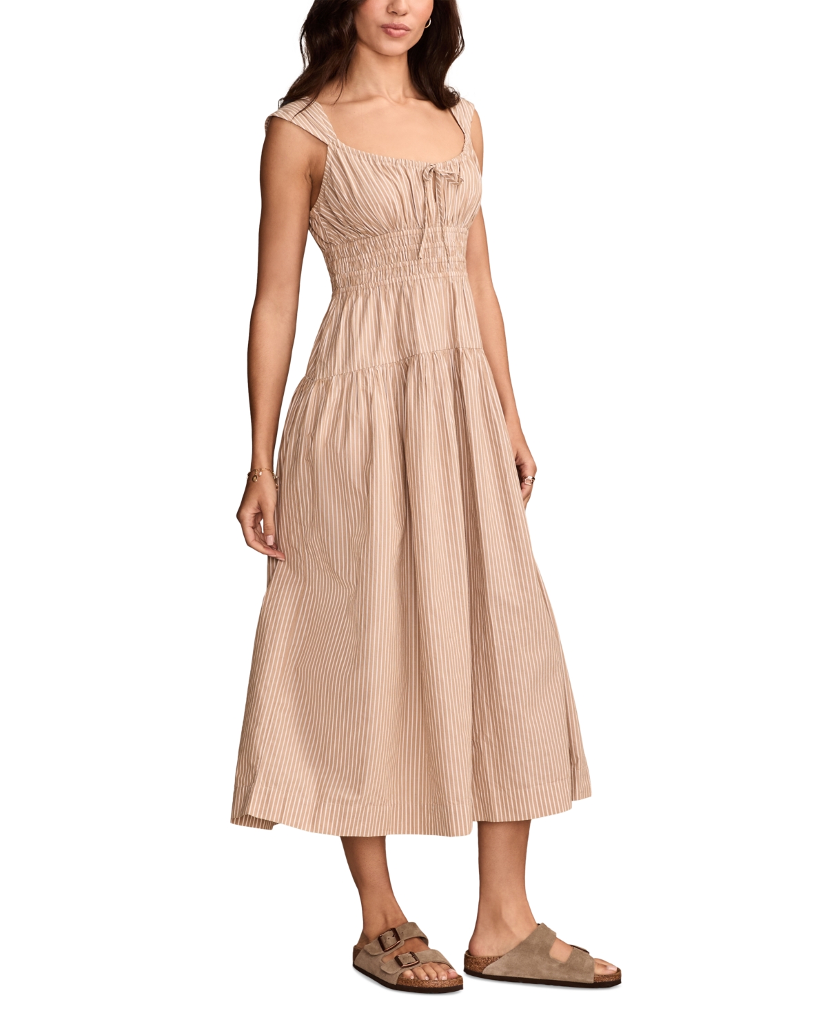 LUCKY BRAND WOMEN'S SLEEVELESS SMOCKED MIDI DRESS 