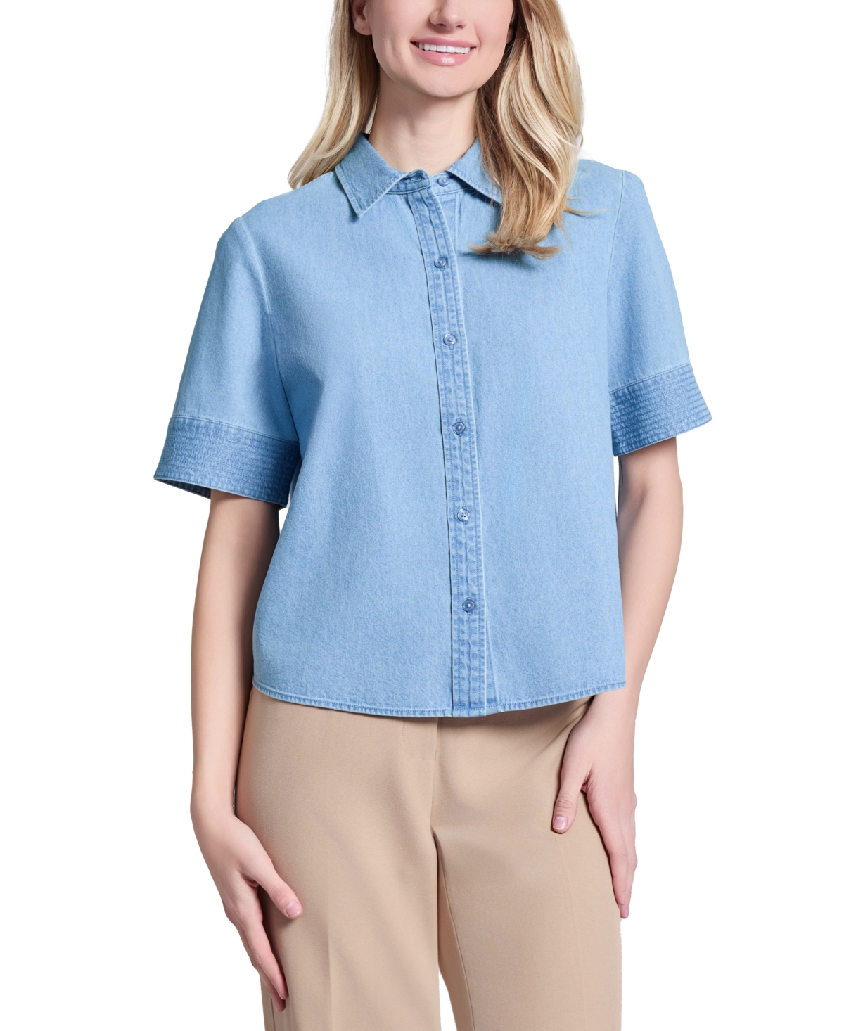 Jones New York Short Sleeve Denim Button-up Shirt In Pale Wash