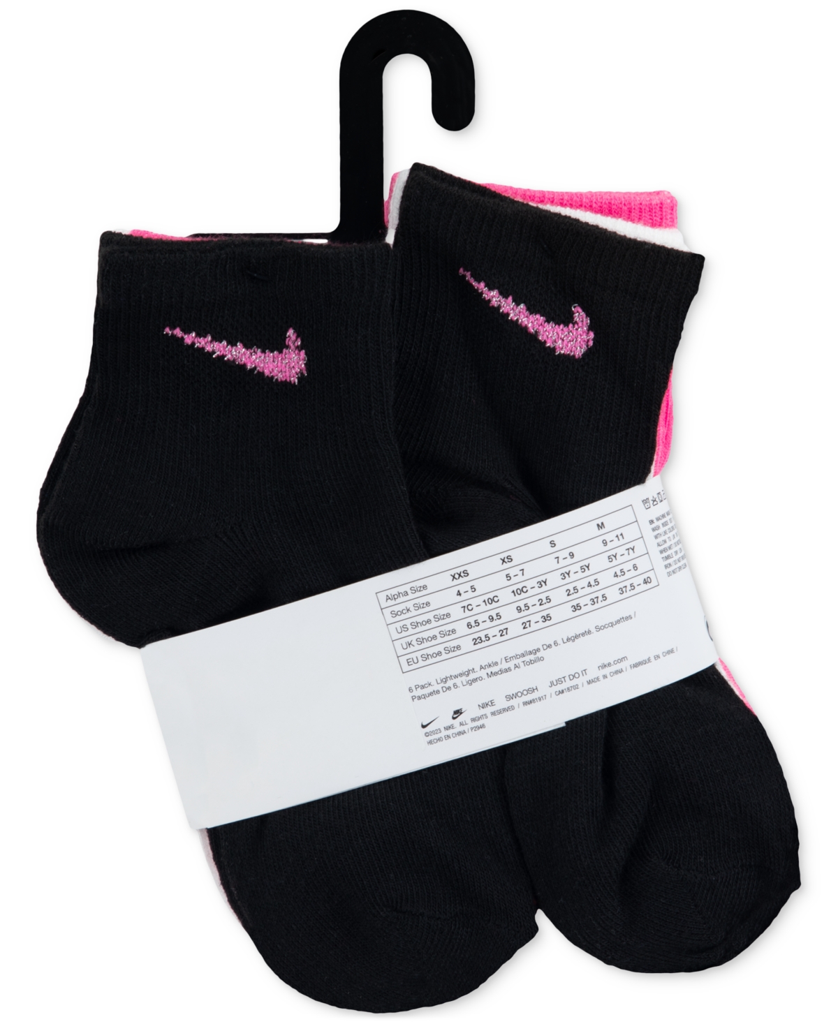 Nike Little Girls Metallic Swoosh Logo Quarter Socks, Pack Of 6 In Pink Pow