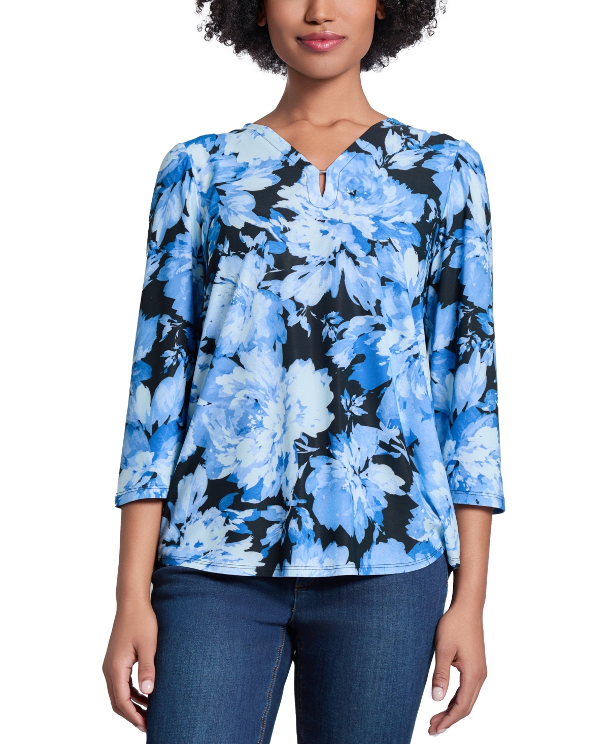 Women's Moss Crepe V-Neck 3/4-Sleeve Top - Jones Black Multi