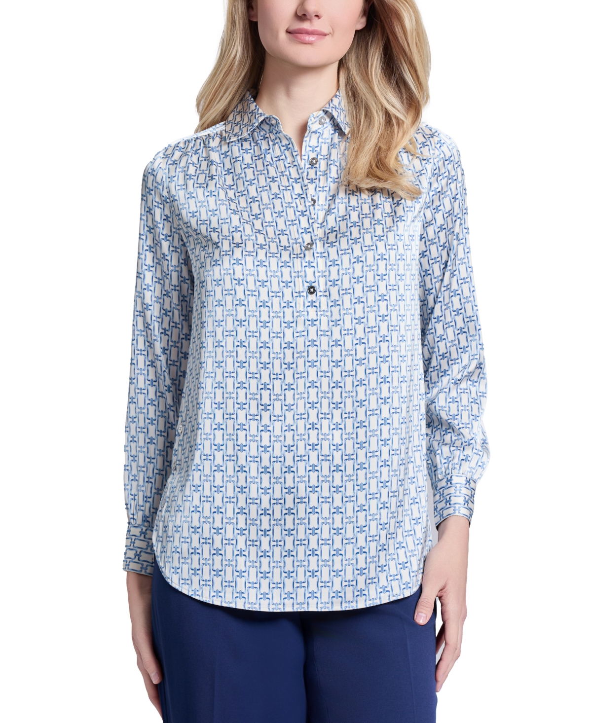 Women's Side-Button Long-Sleeve Satin Tunic - Jones White Multi