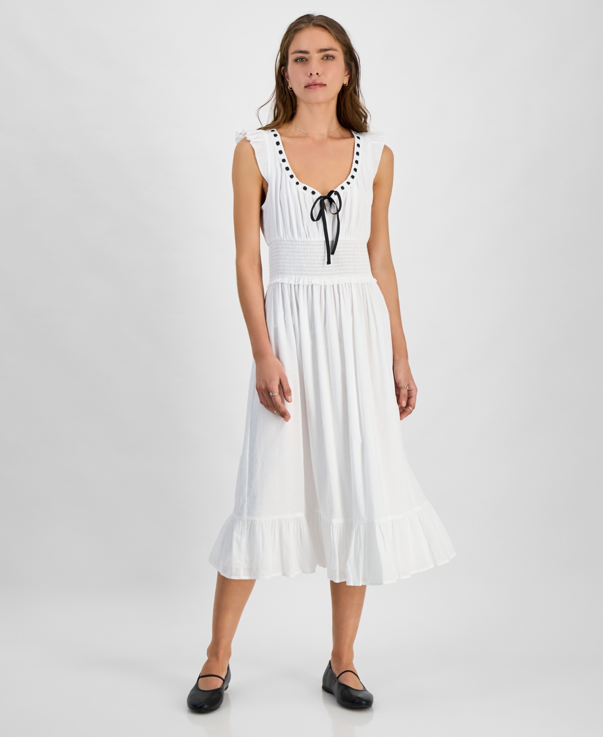 Kingston Grey Juniors' V-neck Ribbon Midi Dress In White,black