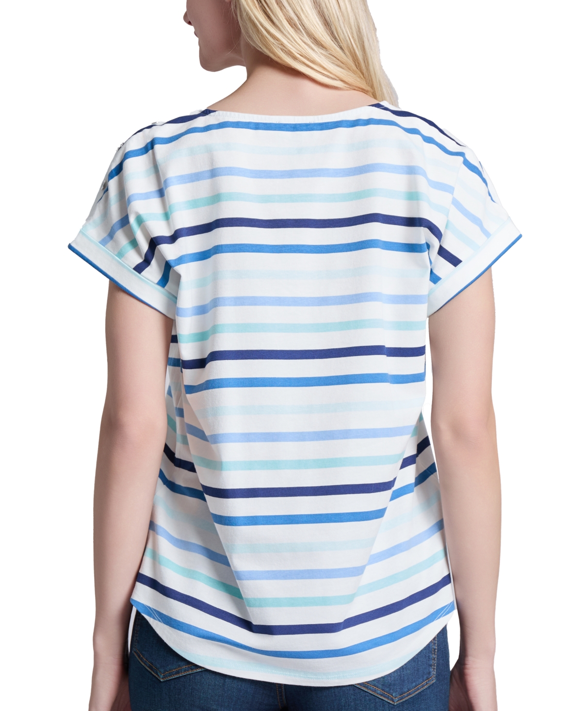 Jones New York Women's Striped Crewneck Cuffed-sleeve Top In Nyc White Multi