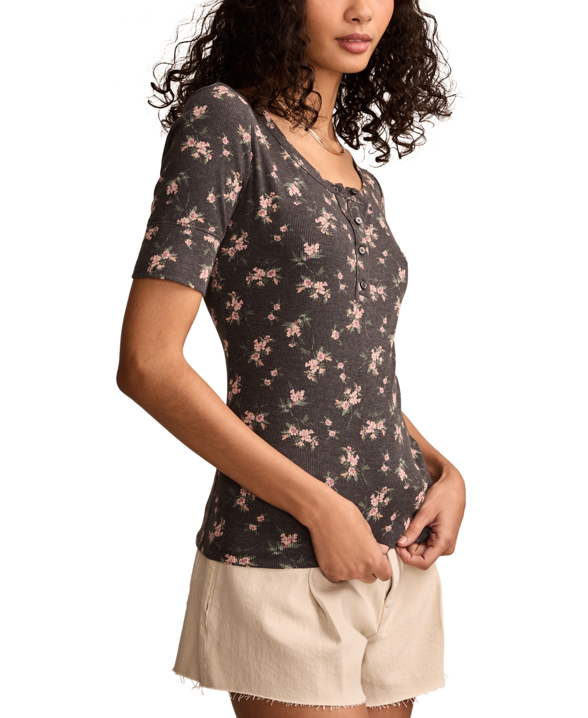 Lucky Brand Women's Ribbed Henley Tee In Black Floral