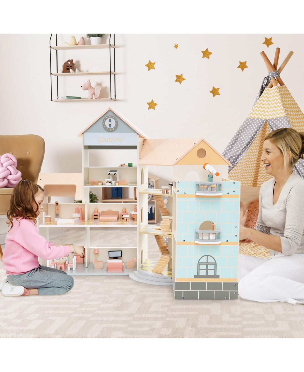 Wooden Corner Dollhouse Playset with 41 Accessories Interactive Toy for Kids