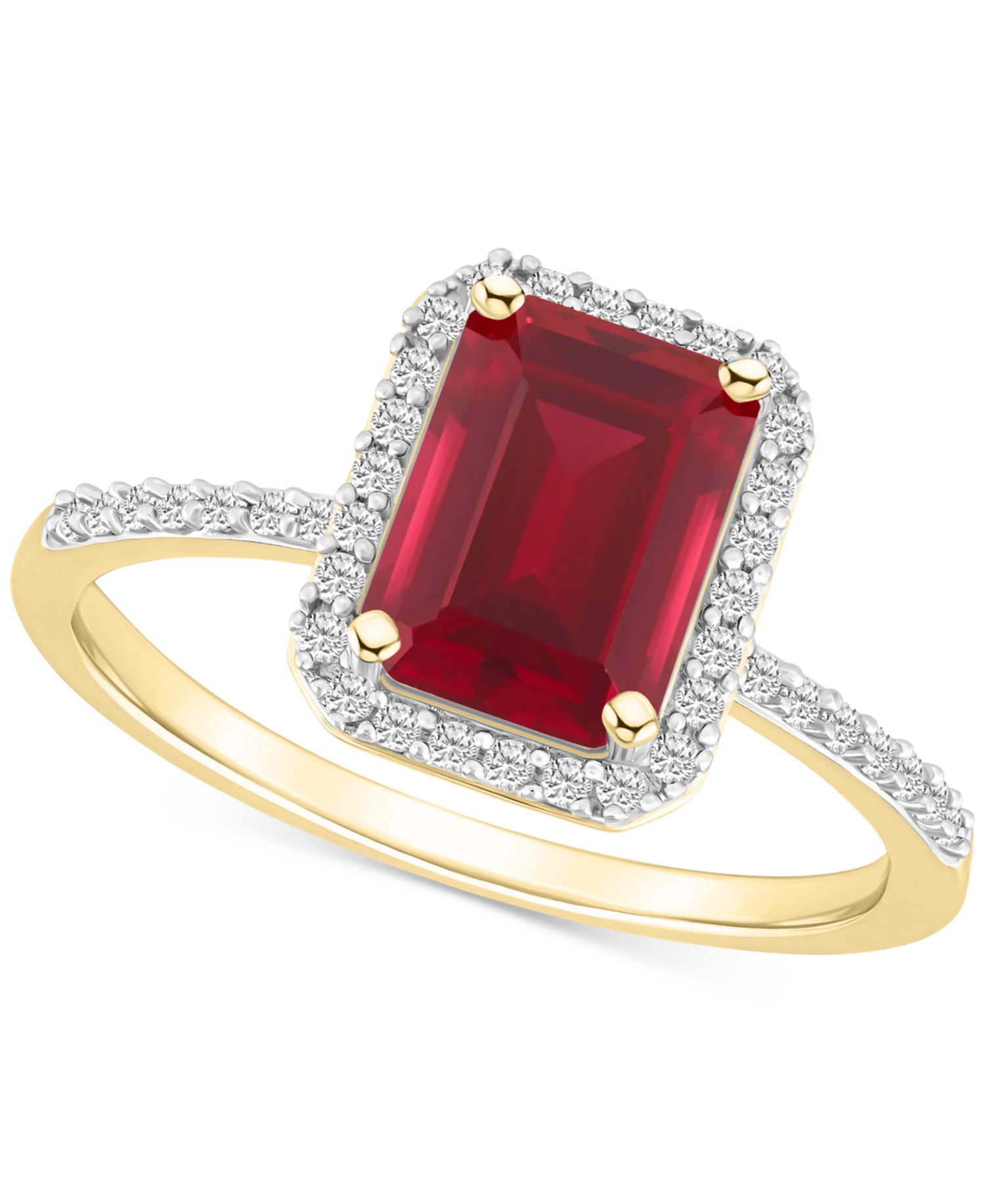 Lab-Created Ruby (2 ct. t.w.) & Lab-Created White Sapphire (1/4 ct. t.w.) Emerald-Cut Halo Ring in 10k Gold (Also in Additional Gemstones)