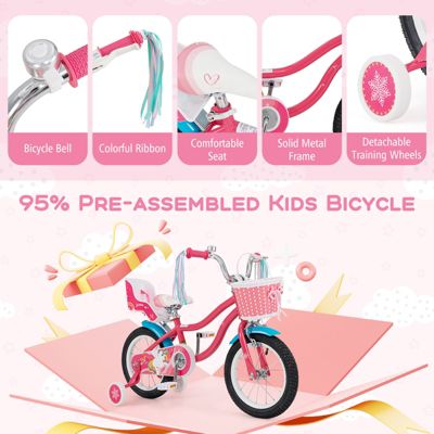 Girls Bike for Kids with Doll Seat and Training Wheels for Safe and Fun Riding