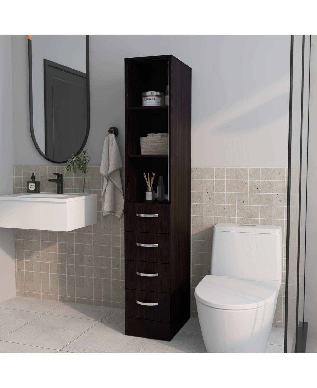 Pinon Bathroom Linen Cabinet with Glass Door and Drawers, Wengue - Wengue