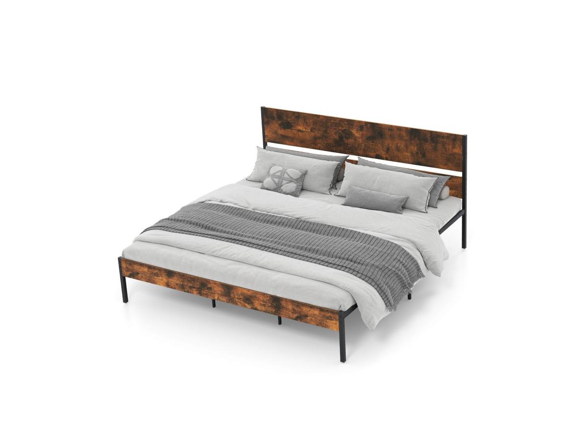 Metal Bed Frame with Wooden Headboard and Footboard