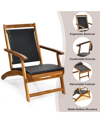 2PCS Patio Folding Rattan Lounge Chair Wood Frame Retractable Footrest